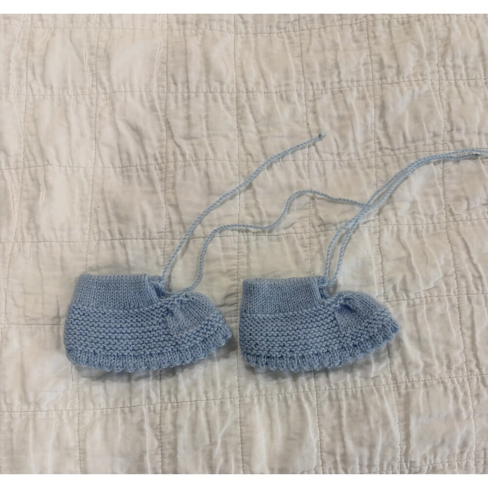 Handmade Knit Baby Booties Blue Tie Crib Shoes Soft Slippers Newborn